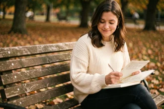 Femme écrivant des citations sur la confiance en amour dans un journal intime assis sur un banc de parc en automne