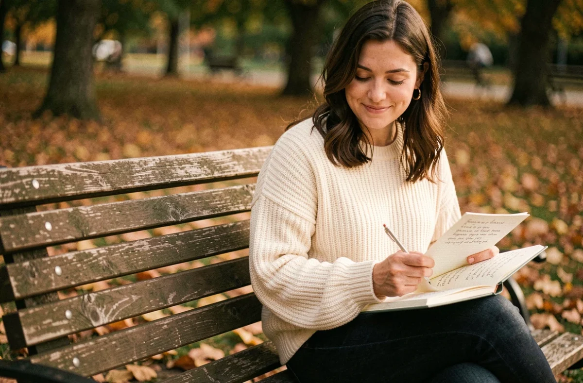 Femme écrivant des citations sur la confiance en amour dans un journal intime assis sur un banc de parc en automne
