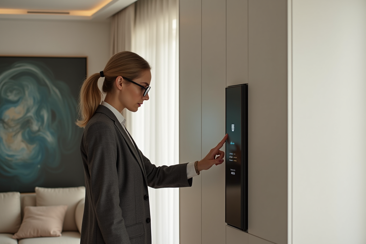 Femme confiante accédant à un coffre électronique dans un intérieur moderne