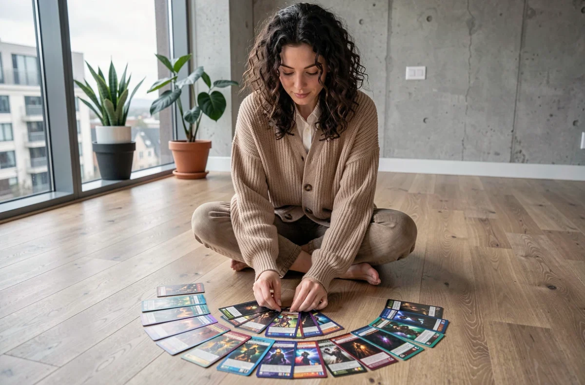 Jeune femme collectionnant des cartes holographiques Méga Évolution dans un appartement moderne et lumineux