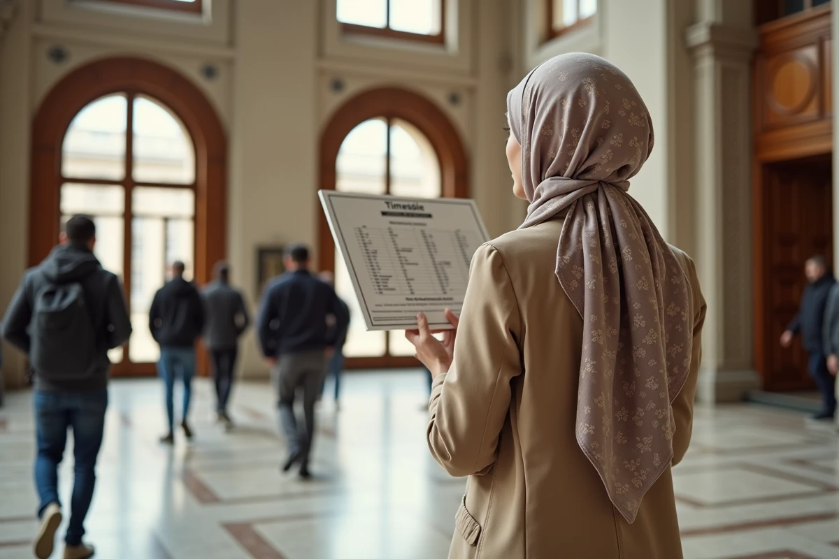 Jeune femme lisant un panneau d horaires dans la mosquee
