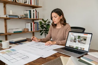 Femme consultant un site de rénovation maison sur ordinateur portable avec des plans et échantillons de matériaux sur un bureau en bois
