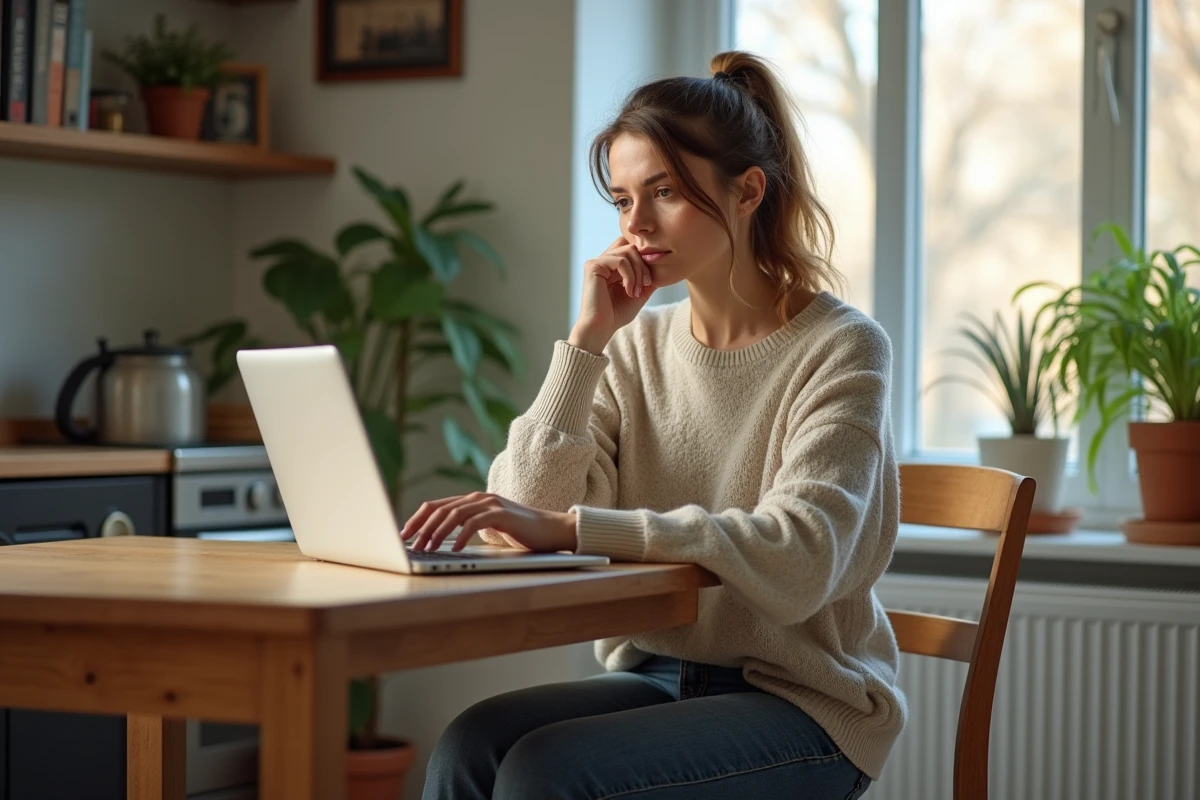 Femme pensante dans un appartement lumineux et cosy