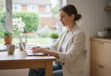 Jeune femme en blazer et jeans à la cuisine avec ordinateur