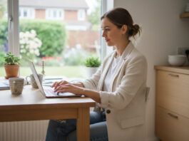 Obtenir un devis d’assurance auto en ligne : mode d’emploi Jeune femme en blazer et jeans à la cuisine avec ordinateur
