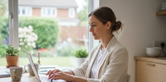 Obtenir un devis d’assurance auto en ligne : mode d’emploi Jeune femme en blazer et jeans à la cuisine avec ordinateur