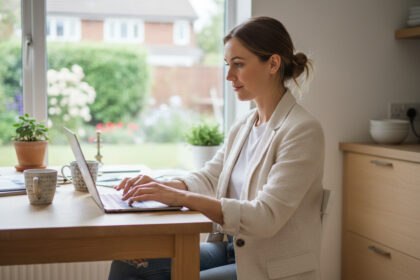 Jeune femme en blazer et jeans à la cuisine avec ordinateur