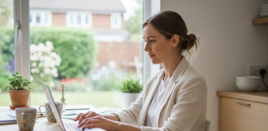 Obtenir un devis d’assurance auto en ligne : mode d’emploi Jeune femme en blazer et jeans à la cuisine avec ordinateur