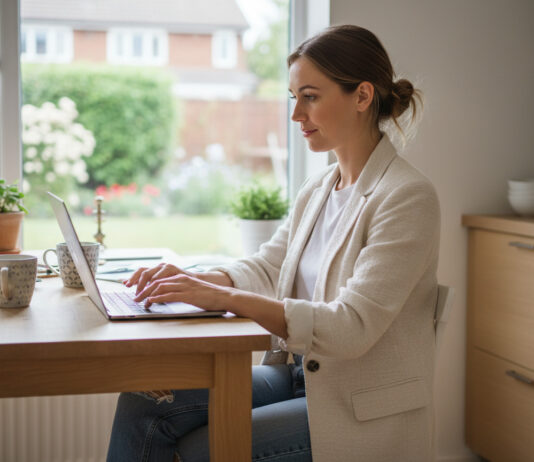 Obtenir un devis d’assurance auto en ligne : mode d’emploi Jeune femme en blazer et jeans à la cuisine avec ordinateur