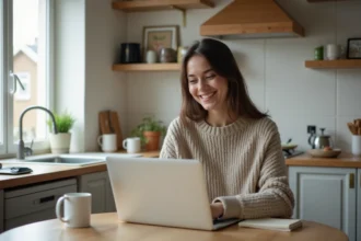 Jeune femme souriante utilisant un ordinateur portable dans la cuisine