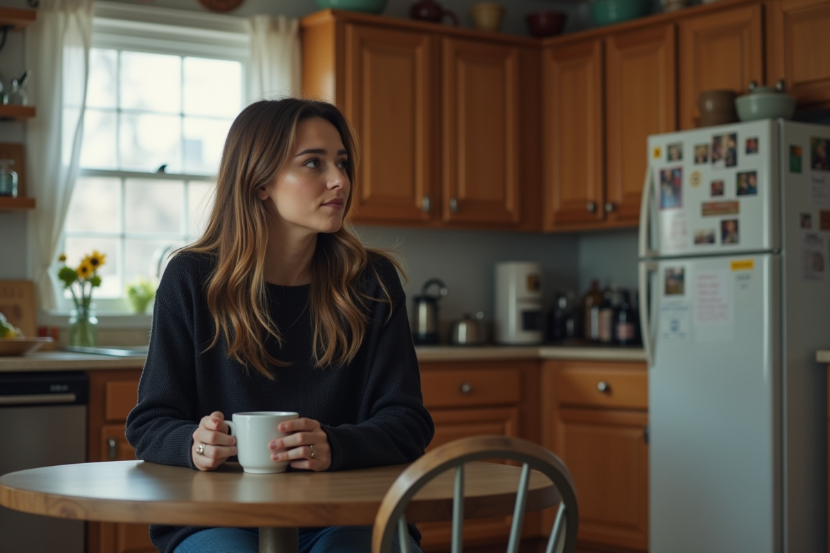 Femme pensant dans sa cuisine chaleureuse et modeste