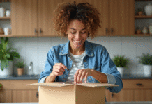 Femme souriante deballant un colis dans la cuisine chaleureuse