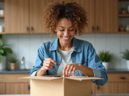 Femme souriante deballant un colis dans la cuisine chaleureuse
