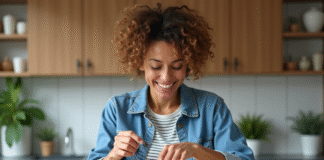Les bonnes raisons d’acheter des colis perdus Femme souriante deballant un colis dans la cuisine chaleureuse