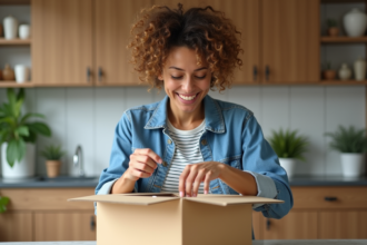 Femme souriante deballant un colis dans la cuisine chaleureuse