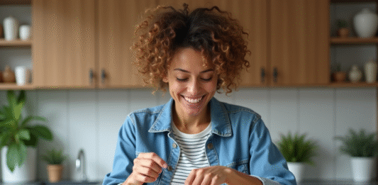 Les bonnes raisons d’acheter des colis perdus Femme souriante deballant un colis dans la cuisine chaleureuse