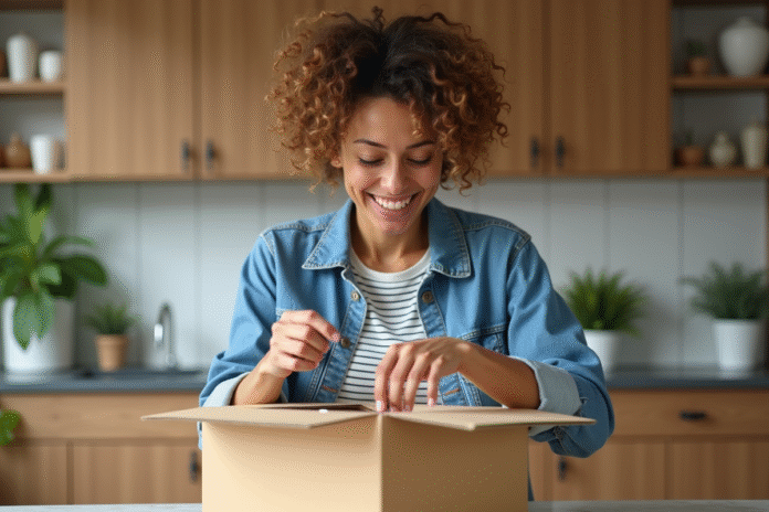 femme-deballant-colis-cuisine Femme souriante deballant un colis dans la cuisine chaleureuse