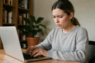 Femme analysant un lien suspect sur son ordinateur portable, illustration d'une arnaque en ligne de type Code Whiteout