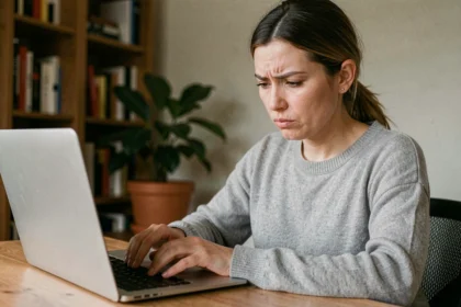 Femme analysant un lien suspect sur son ordinateur portable, illustration d'une arnaque en ligne de type Code Whiteout