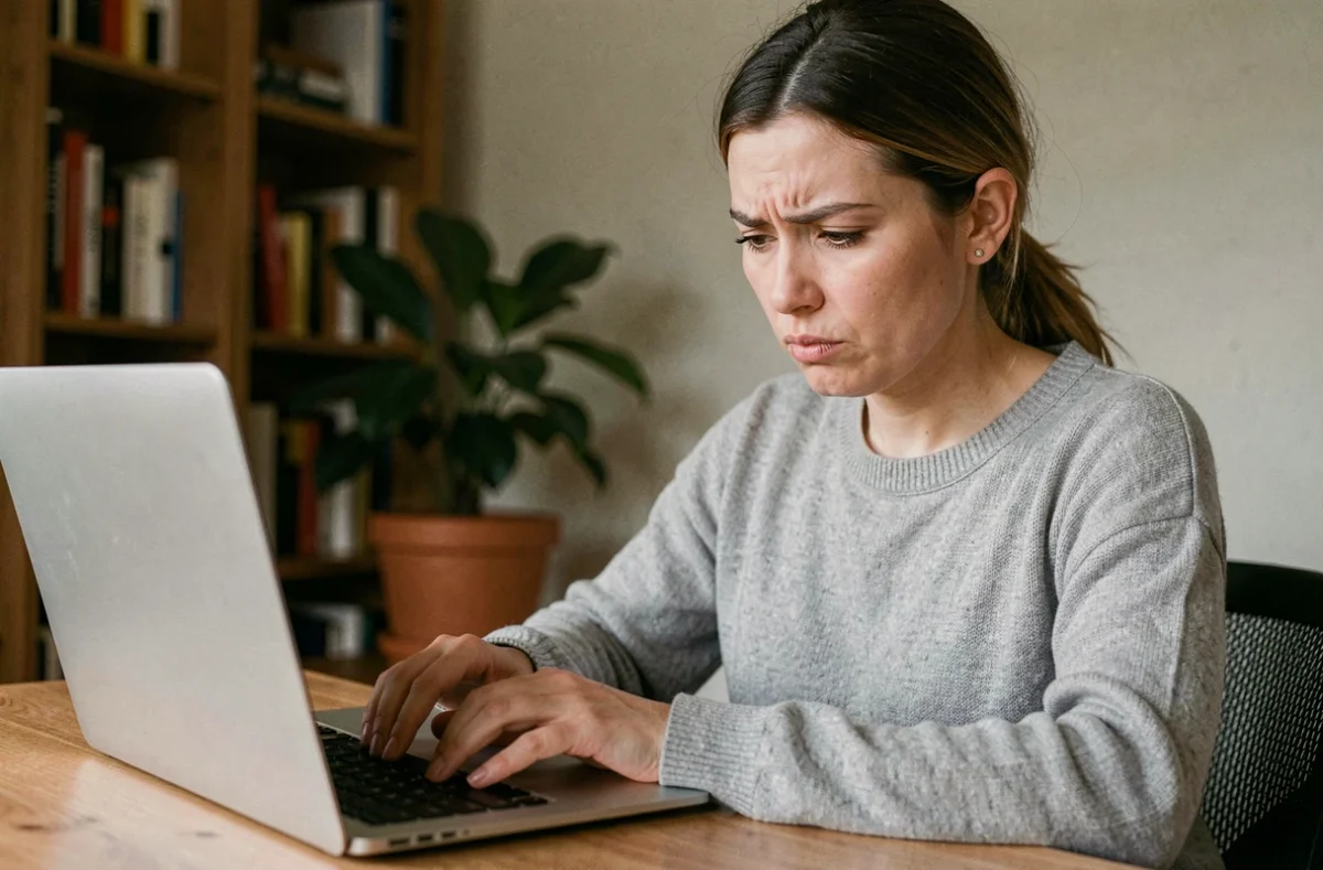 Femme analysant un lien suspect sur son ordinateur portable, illustration d'une arnaque en ligne de type Code Whiteout