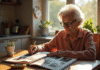 Femme âgée regardant un album photo dans la cuisine