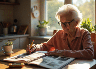 Femme âgée regardant un album photo dans la cuisine