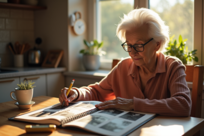 Femme âgée regardant un album photo dans la cuisine
