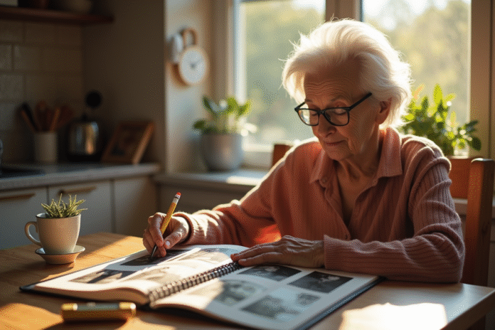 Femme âgée regardant un album photo dans la cuisine