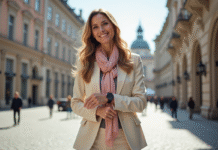 Gagner en élégance avec style : les astuces à connaître ! Femme élégante en blazer pastel ajustant sa montre en ville