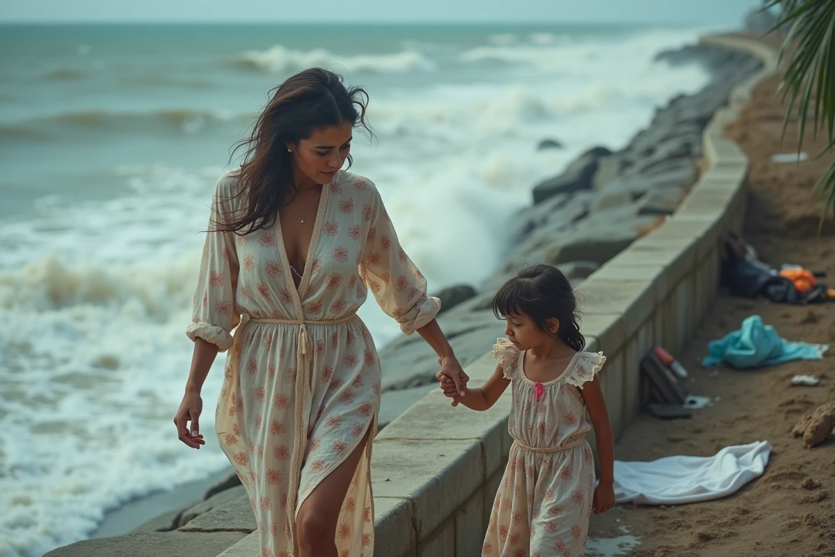 Femme et enfant se protégeant contre la tempête