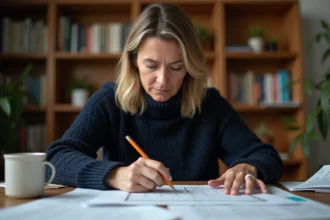 Femme adulte concentrée résolvant une énigme de logique difficile à son bureau avec des notes manuscrites et des grilles de puzzles