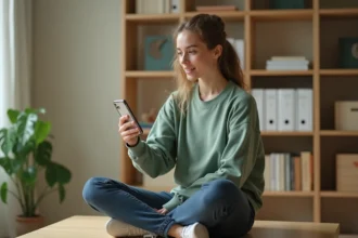 Jeune femme filmant une Instagram Story en face cam depuis son bureau à domicile, smartphone en main, ambiance décontractée et authentique