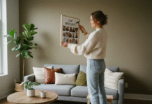 Jeune femme accrochant un poster photo dans son salon
