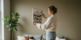 Les atouts d’un poster avec photo personnalisé dans votre décoration intérieure Jeune femme accrochant un poster photo dans son salon