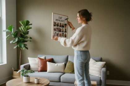 Jeune femme accrochant un poster photo dans son salon