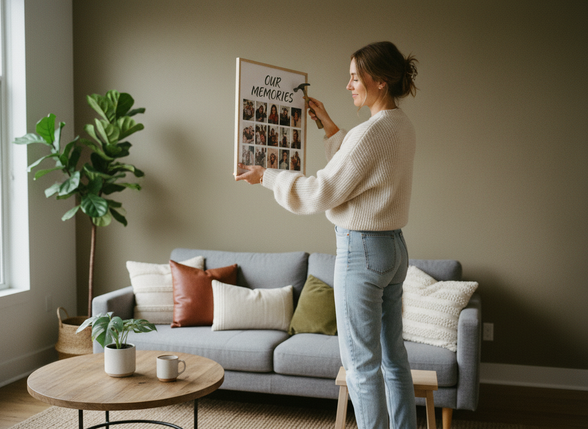 Jeune femme accrochant un poster photo dans son salon