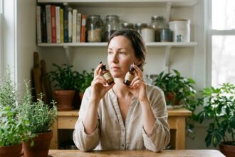 Femme comparant deux petites bouteilles d huiles naturelles