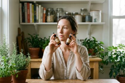 Femme comparant deux petites bouteilles d huiles naturelles