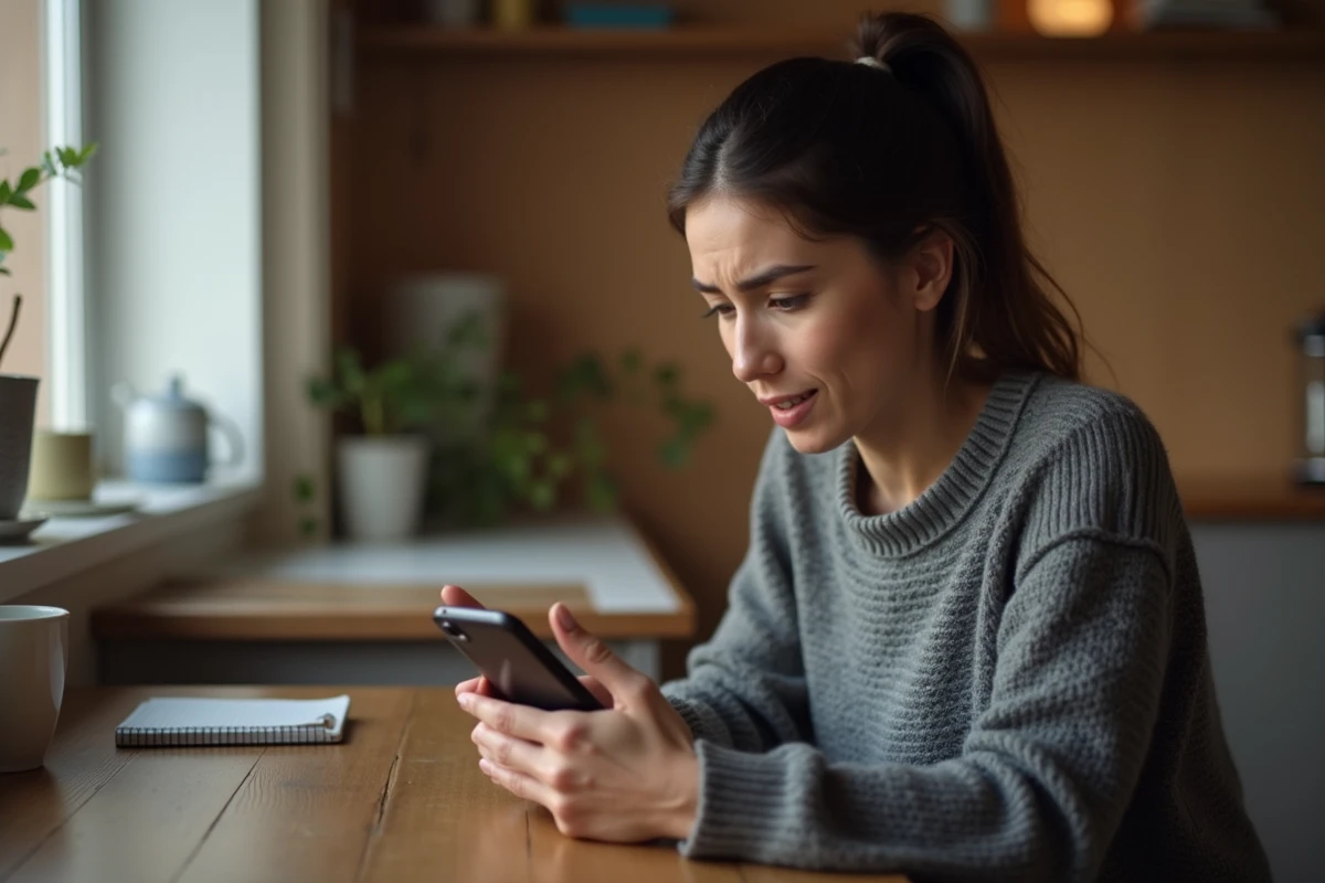 Femme consultant son smartphone avec une expression perplexe, cherchant à identifier un numéro inconnu via un annuaire inversé