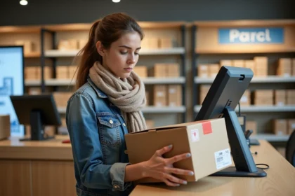 Femme au kiosque de colis avec étiquette