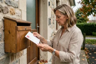 Femme consultant une lettre reçue dans sa boîte aux lettres un samedi matin en France