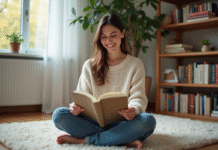 Plaisir gratuit : 10 astuces pour se faire plaisir sans dépenser ! Femme lisant un roman dans un salon chaleureux
