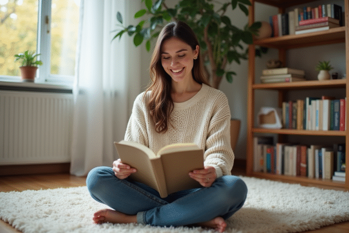 femme-lire-salon-confort Femme lisant un roman dans un salon chaleureux