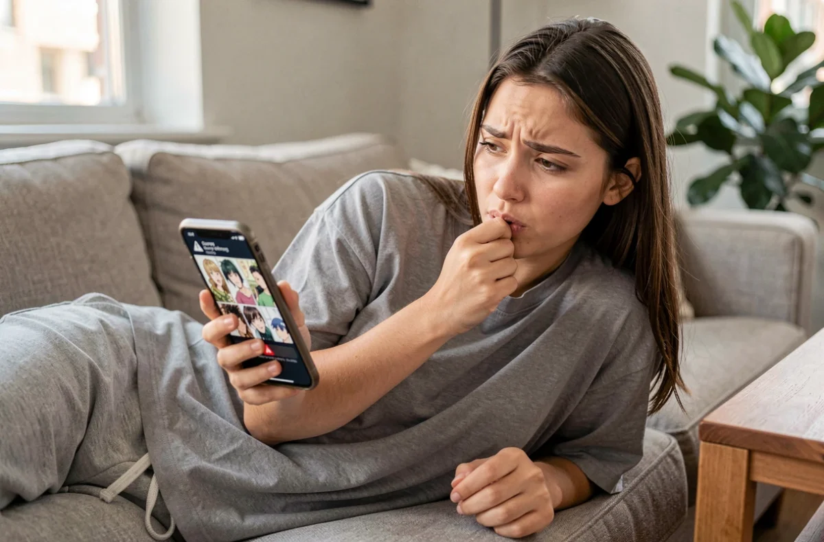 Jeune femme consultant un site de lecture de manga gratuit sur smartphone avec une alerte de sécurité visible, illustrant les risques des plateformes non officielles