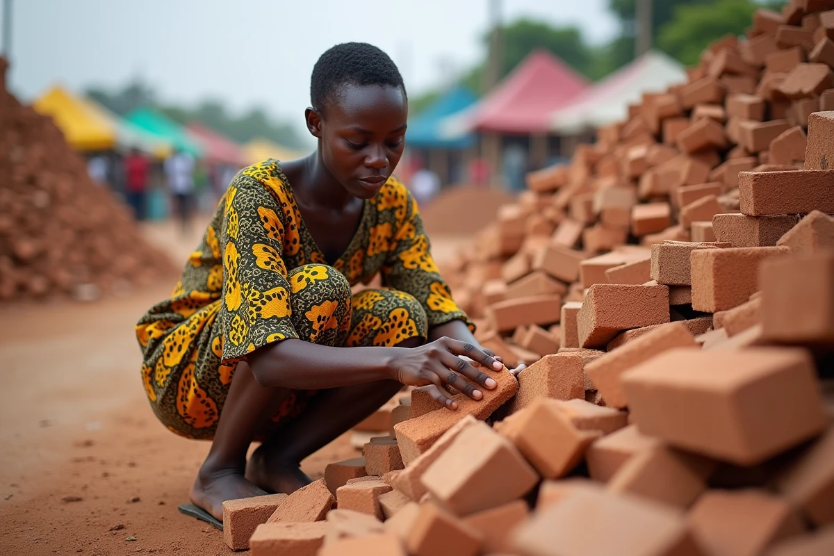 Femme sélectionnant une brique dans un marché animé