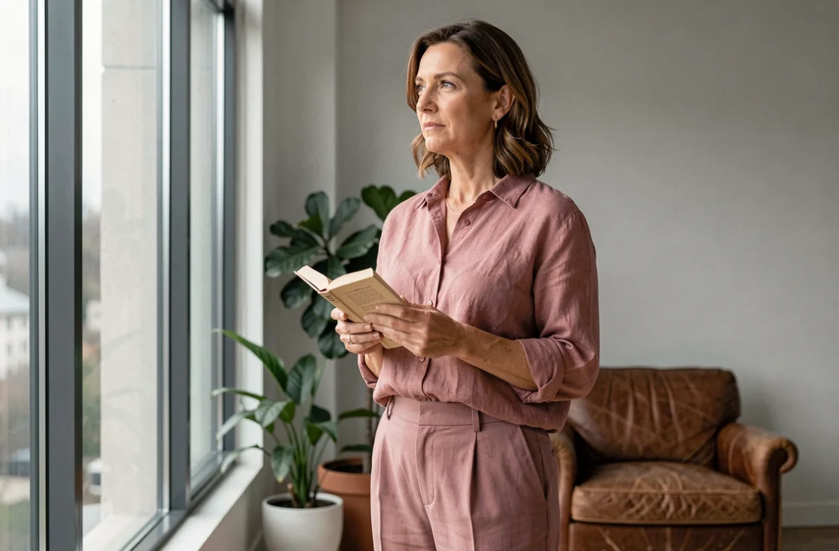 Femme mature contemplant des citations sur la guérison et la confiance en amour près d'une fenêtre lumineuse