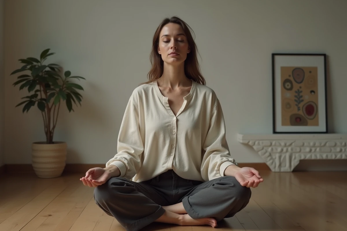 Femme en méditation sur un parquet en bois, représentant le travail intérieur pour se libérer d'un lien karmique toxique