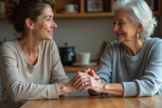 Femme et mère discutent à la cuisine dans un appartement français
