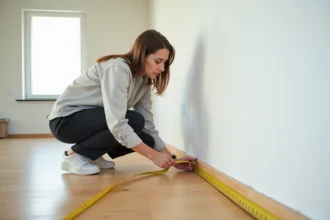 Femme mesurant la longueur d'un mur avec un mètre ruban dans un appartement vide au parquet en chêne