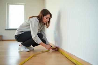 Femme mesurant la longueur d'un mur avec un mètre ruban dans un appartement vide au parquet en chêne